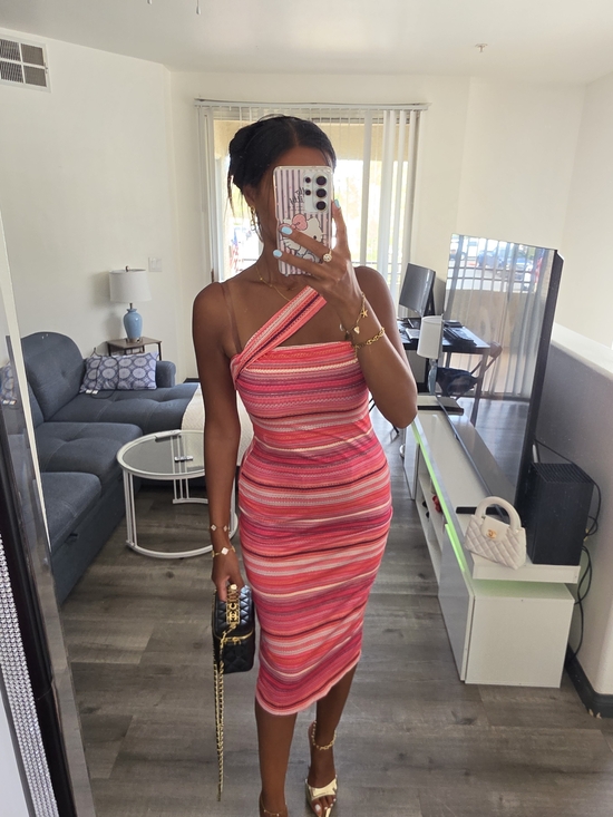 Zara Dresses & Skirts - Women's Pink Striped One-Shoulder Bodycon Dress